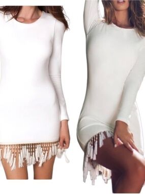 Lurelly cloud silk *Rare* Women's White Long-Sleeve Fringe Hem Bodycon Dress